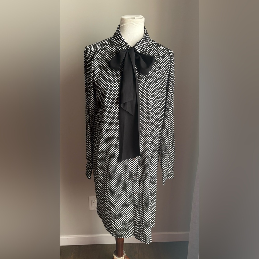 CeCe Long Sleeve Polka Dot Shirt Dress/Tunic With Bow Tie In Black/White Size M